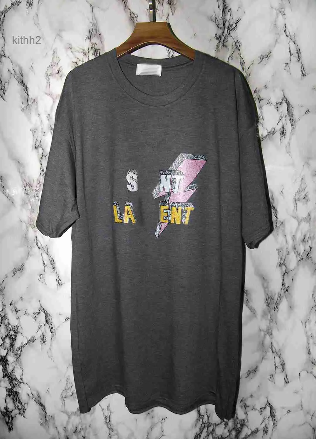 Tasarımcı Lüks Laurents Klasik Saint Lightning Gri Baskı Mürettebat Kısa Kollu Erkek ve Kadınlar Gevşek 2xl T-Shirt YH7C