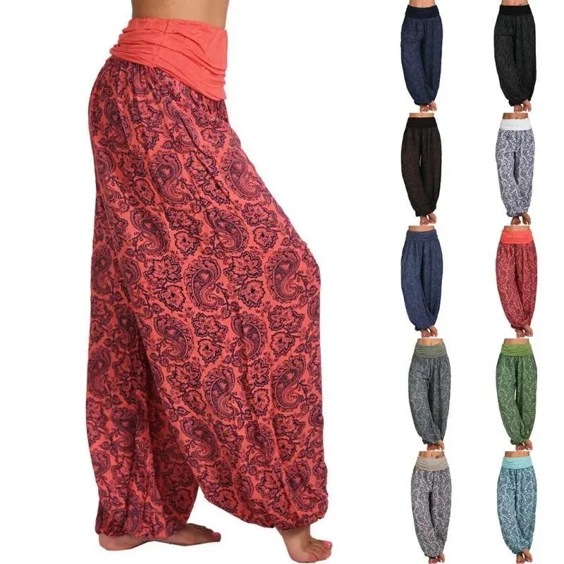 Capris feminino boêmio floral impressão calças compridas 2022 meados de cintura vintage harem calças cintura elástica boho praia calças plus size 5xl