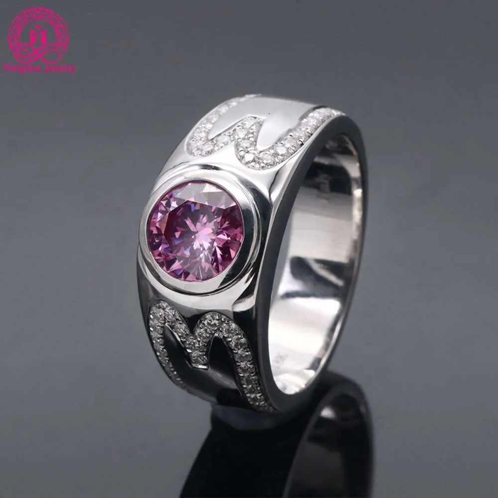 Gratis verzending fijne sieraden 8 mm twee karaat roze diamant 14 K / massief wit goud verlovingsring voor heren