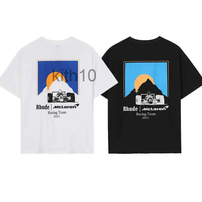 Дизайнерская модная одежда Футболки Rhude Co с фирменным принтом Formula Racing Sunset Print Свободные с коротким рукавом Футболка с круглым вырезом для пары Us Tops Хлопковая уличная одежда Ytz1