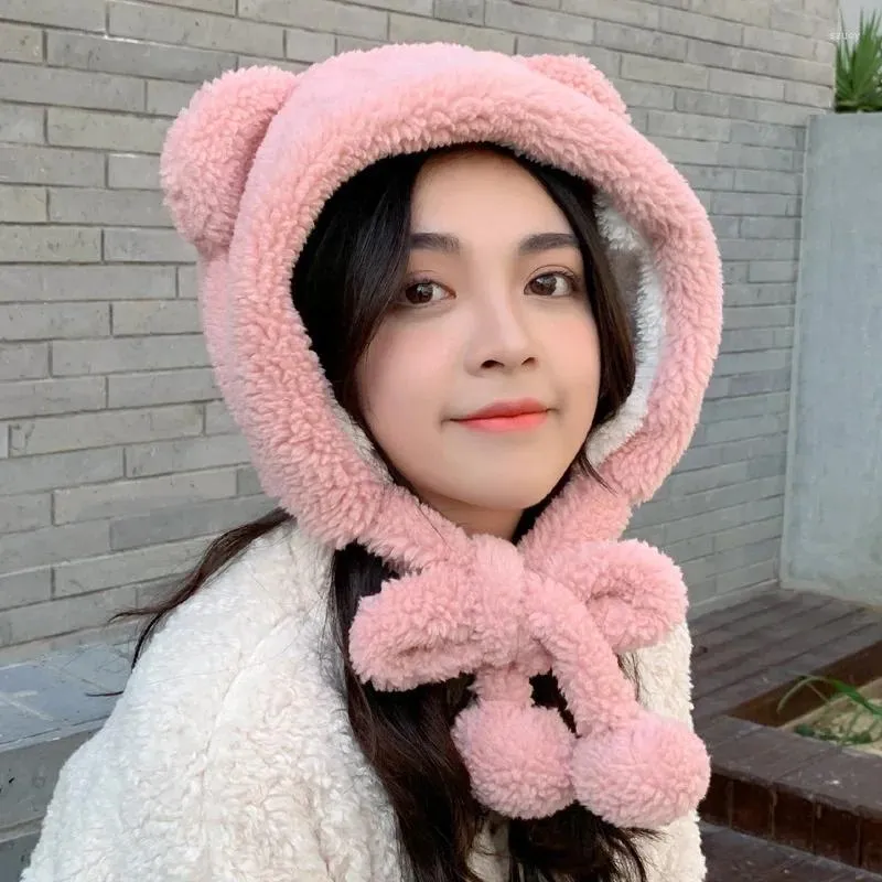 ベレット冬のかわいいクマの帽子スカーフ2-in-1温かい韓国のダブルボールぬいぐるみワンピースネック屋外サイクリン