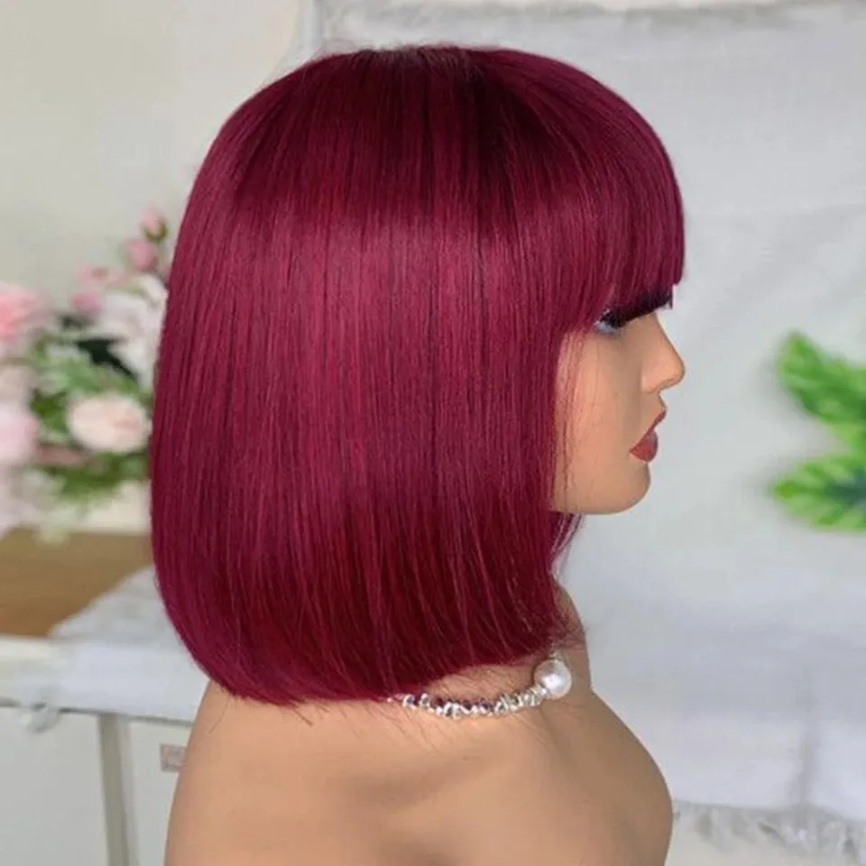 99J Bourgogne Red Short Bob Human Hair Wig With Fringe For Women Straight Remy Hair Bob Wigs With Bangs Ginger Orange Color