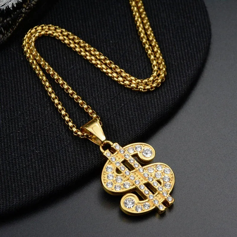 Hiphop isad ut dollar tecken pengar pendell halsband för kvinnor män 14 k gula guldkedjor hiphop amerikanska smycken