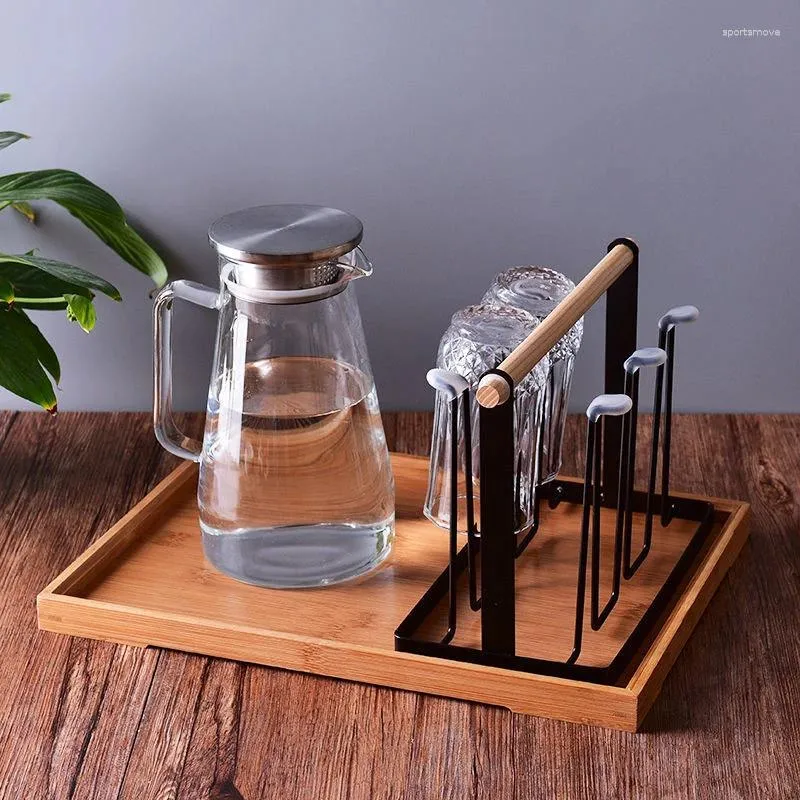 Küche Lagerung Sechs Wasser Tasse Rack Regal Holzgriff Abflusshalter Haushalt Eisen Kunst