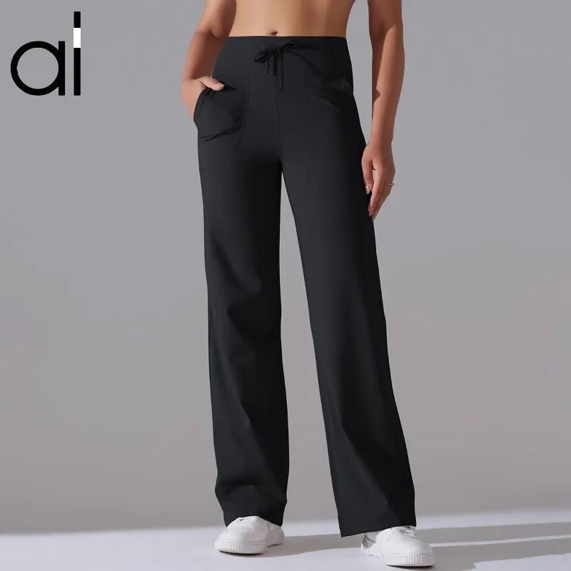 AL Yoga Pantalon de survêtement à jambe droite pour femme, évacuant la transpiration, ample, jambe large, pantalon de sport sur toute la longueur, style décontracté, streetwear, jogging de ville avec poches à cordon de serrage