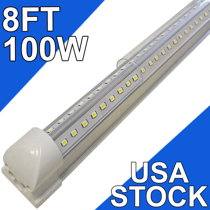 8ft LED -butiksljus fixtur, 100W T8 Integrerade rörljus, 6500K Hög utgångs tydlig täckning, V -form 270 graders belysningslager, uppgraderade lampor Plug and Plays Usastock