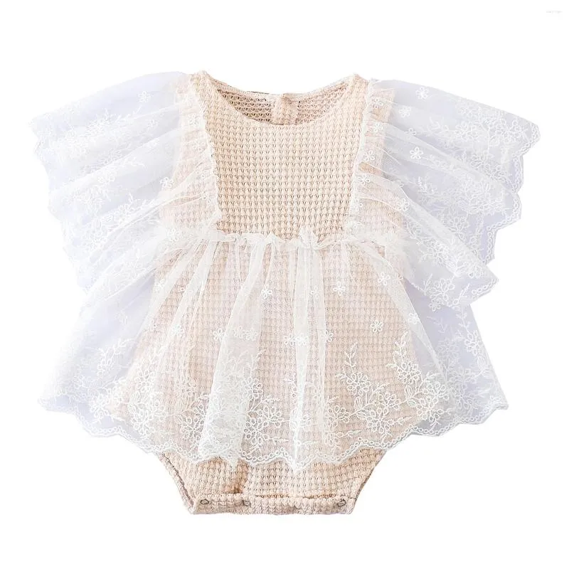 Rompers Infant Born Baby Girls Knit Jumpsuits Cute Lace Sleeve Round Neck Solid Color Bodysuit Tutu Dress
