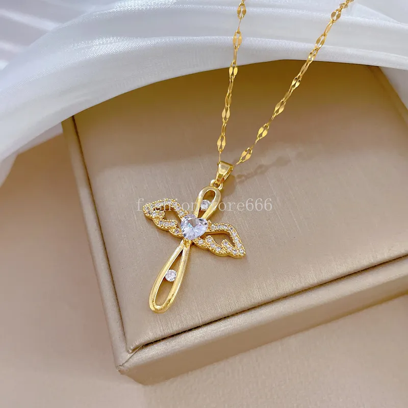 Łańcuch stali nierdzewnej Angel Wings Cross Wisiant Naszyjnik Złoty kolor Crystal Chrześcijańska biżuteria świąteczne prezenty dla kobiet