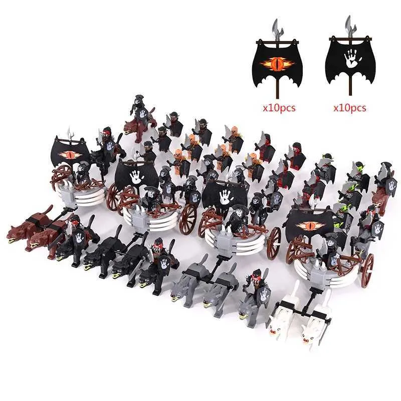 Blocs MOC figurines lotr médiévales loups noirs montés sur chars légion Lotte poupées d'action poupées en briques assemblées blocs de construction jouets 240120