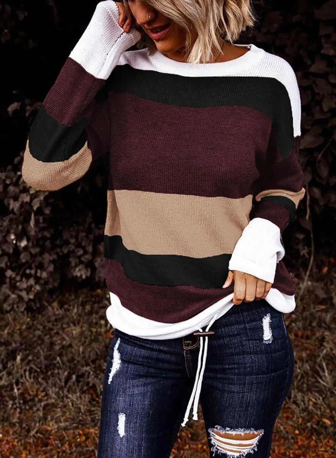 Women`s Sweaters Fall Sweaters Round Neck Striped Cute Winter Pullover Sweaters for Women Trendy 2023 Drawstring 