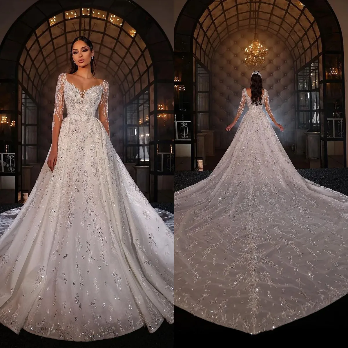 Luxurious Ball Gown Wedding Dresses V Neck Long Sleeves Appliques Lace Robe De Mariee Custom Made Lace-Up Back Sweep Train Bride