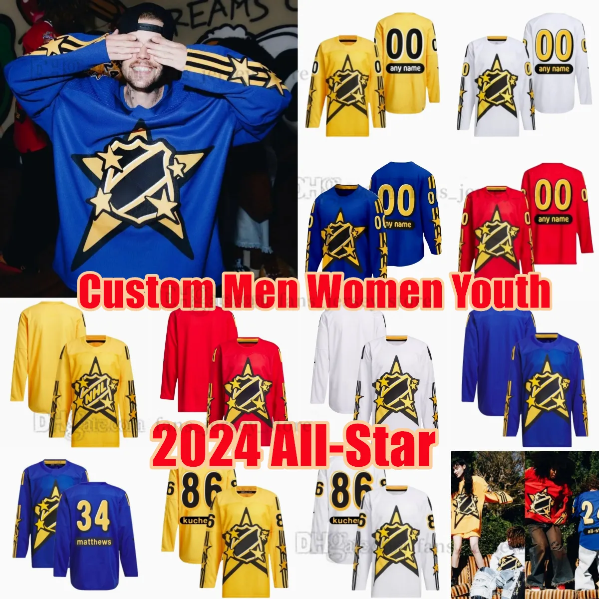 Maillot de hockey des étoiles personnalisé 2024 98 Connor Bedard Matthews Stitch Clayton Keller David Pastrnak Jeremy Swayman Rasmus Dahlin Elias Lindholm Sebastian Aho