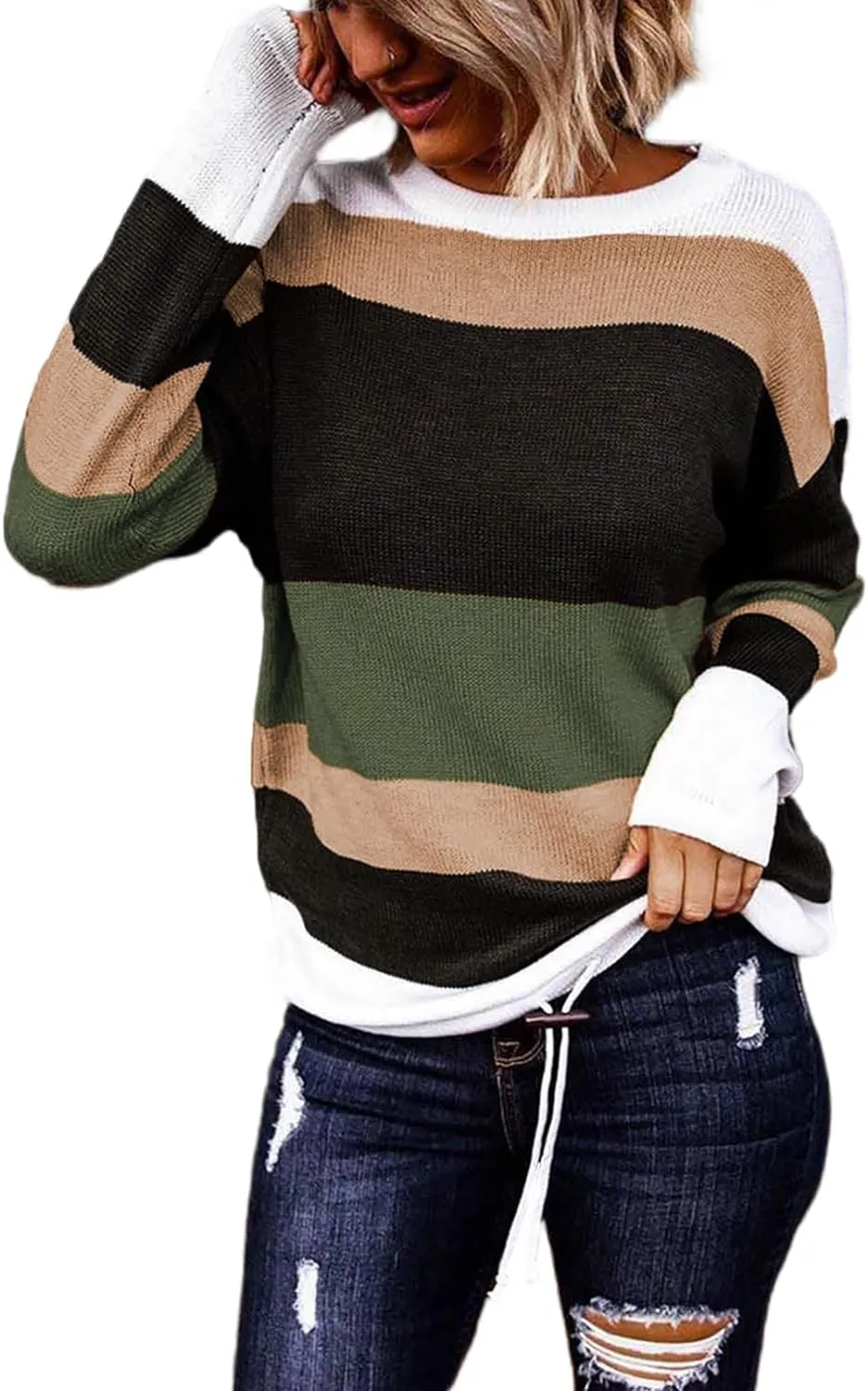 Women`s Sweaters Fall Sweaters Round Neck Striped Cute Winter Pullover Sweaters for Women Trendy 2023 Drawstring 