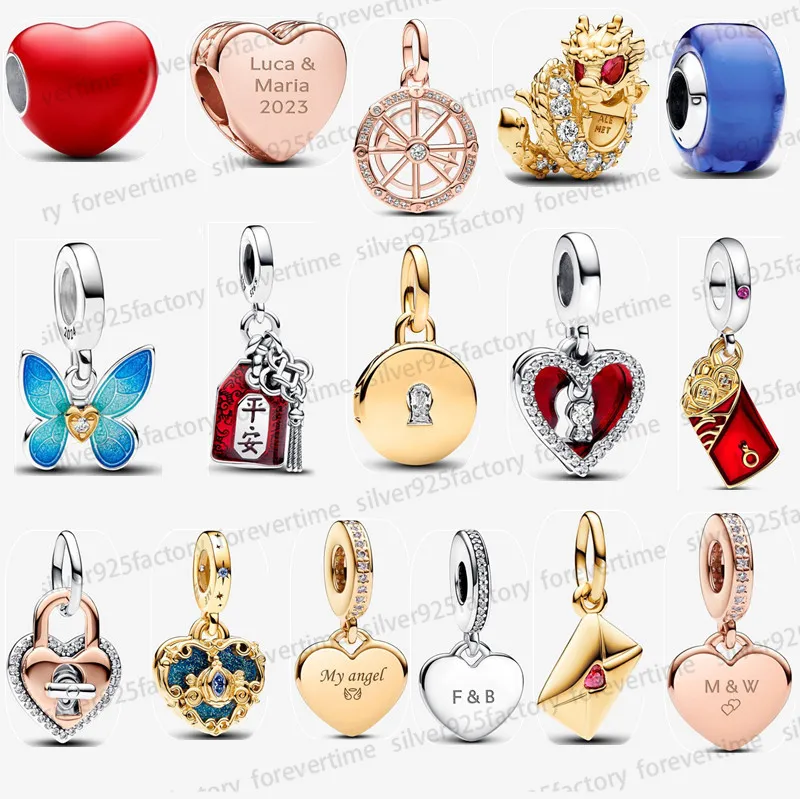 سوار سحر سحر فضي جديد 925 للنساء للنساء دسنز سندريلا النقل قلب مزدوج سحر DIY Fit Pandoras Necklace الصينية من قلادة التنين