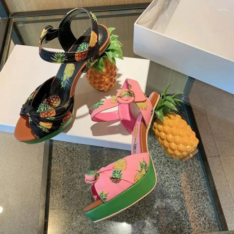 Sandals Pink Printing Pineapple Women Platform Black Yellow Chunky High Heels Beach Summer Shoes Large Size43 Sandalias Femmes