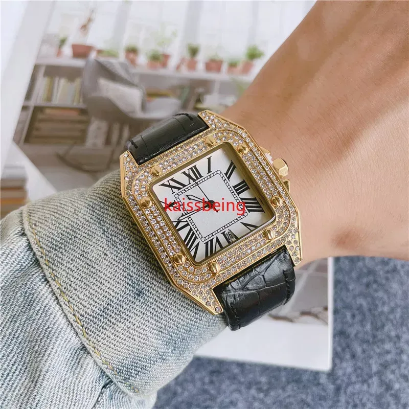 2023 Fashion Brand Watch Men Square Crystal Style High Quality Leather Strap Wrist Watchesc iv