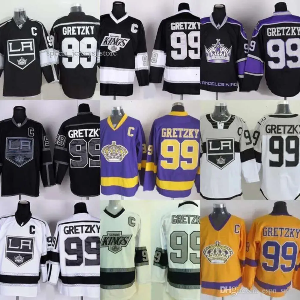 Заводской магазин Mens Los Angeles Kings 99 Wayne Gretzky Черный Фиолетовый Белый Желтый 100% сшитый дешевый хоккейный трикотаж лучшего качества 4741 1198 7052
