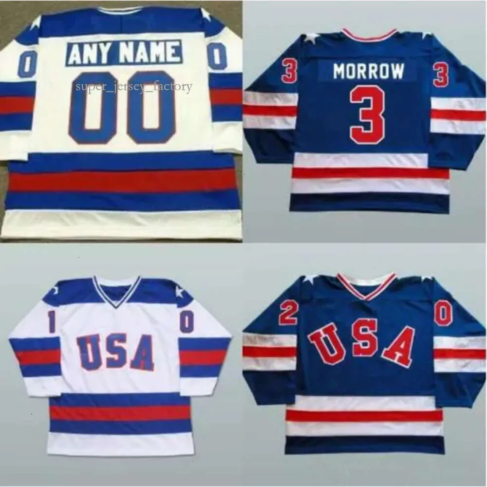 Aangepaste 1980 Team Jerseys 3 Ken Morrow 16 Mark Pavelich 20 Bob Suter Heren Ed USA Vintage Hockey Uniformen Blauw Wit 3132 1300