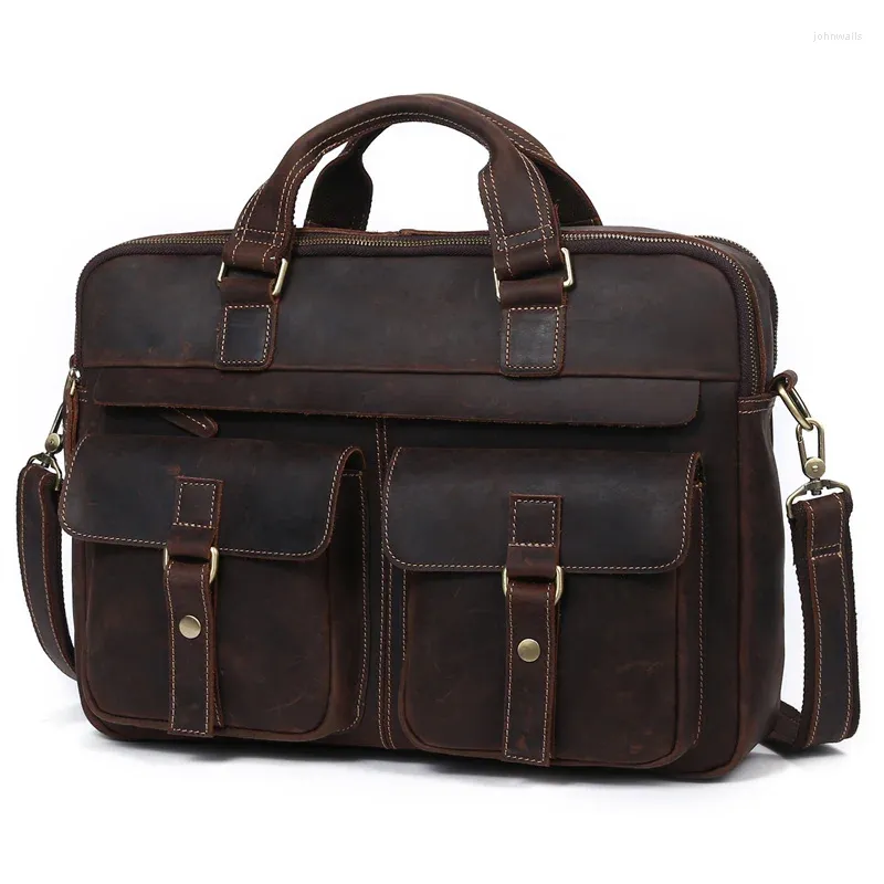 Briefcases Blue Brown Black A4 Genuine Crazy Horse Leather Executive Men Briefcase Portfolio 15.6'' Laptop Business Messenger Bag M6360