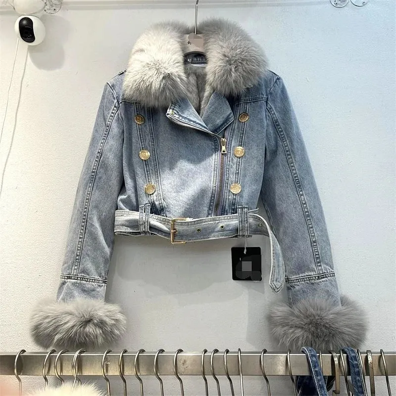 Hiver fausse fourrure col ceinture bleu chaud Denim veste femme Vintage décontracté doublure de fourrure Double boutonnage boutons en métal femmes vêtements d'extérieur 240118