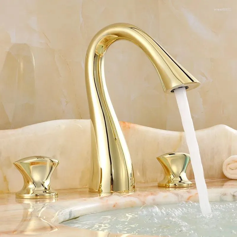 Bathroom Sink Faucets Luxury High Quality Brass Material Gold Plating Handle Widespread Basin Faucet Mixer Tap