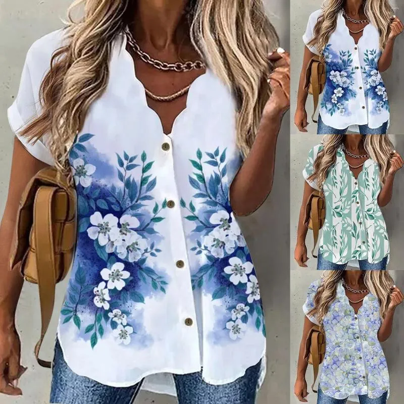 Kvinnors blusar Summer Short Sleeve Wavy V Neck Floral Print Tops For Women Dressy Casual Ladies Elegant Tee T Shirts Blusas Holiday
