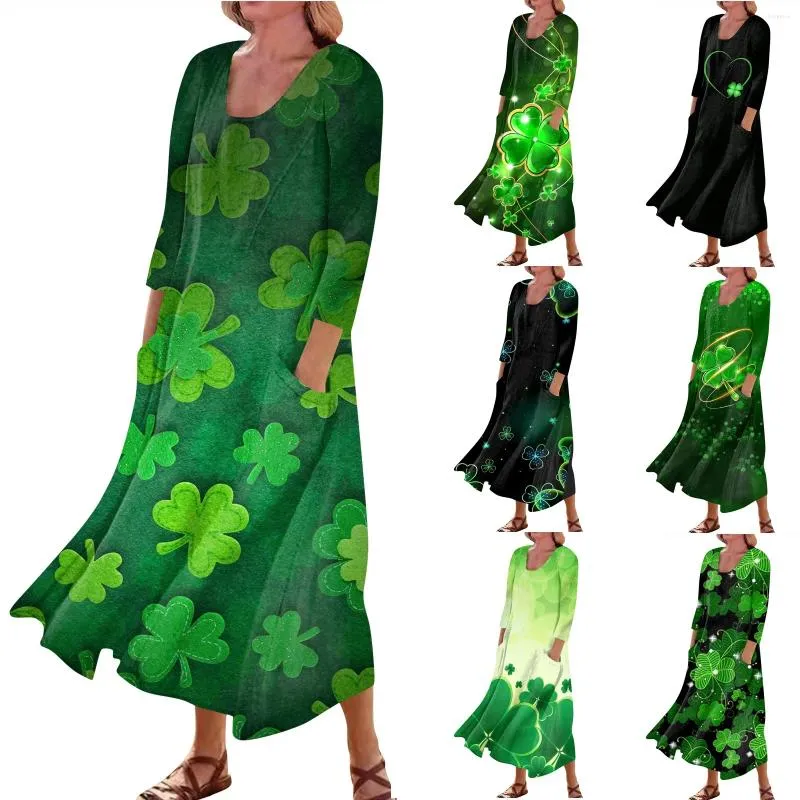 Casual Dresses Kvinnor bekväma St. Patrick's Day -tryck Tre kvartärmar Bomull Pocket Dress Elegant Versatile Ropa Mujer