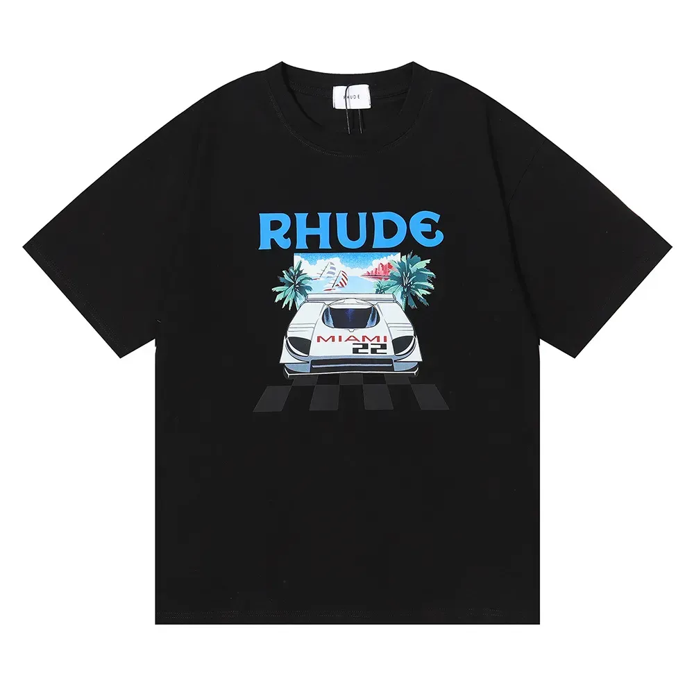 Rhude Mens T 셔츠 고품질 테스 디자이너 캐주얼 패션 짧은 슬리브 유럽 미국 남성 여성 둥근 목 Tshirts 미국 크기 S-XXL