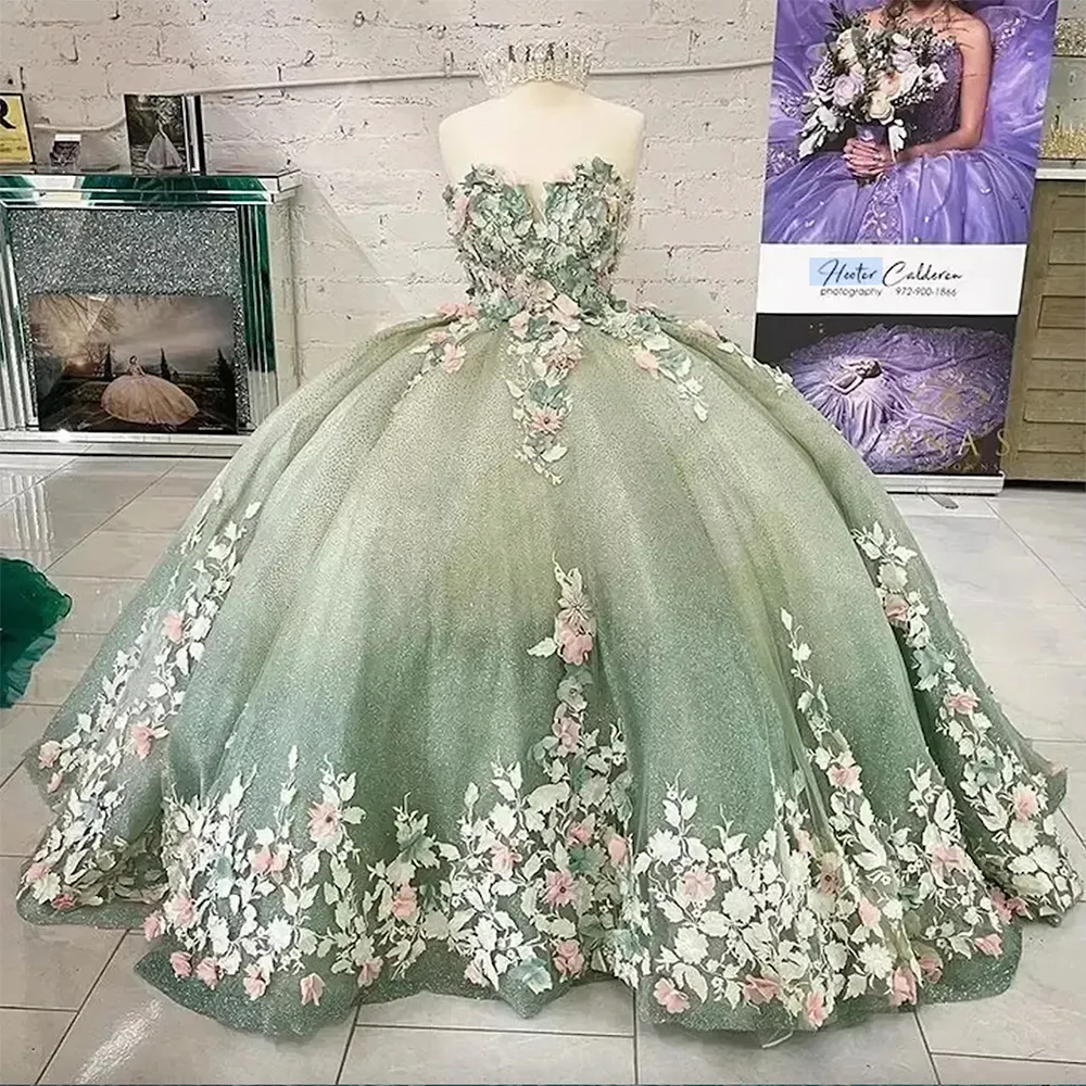 Blumen-D-Quinceanera-Kleider mit Applikation, herzförmigem Ausschnitt, Sweep-Zug, Korsett-Rücken, süß, Geburtstagsfeier, Abschlussball, Ballabend, Vestidos resses