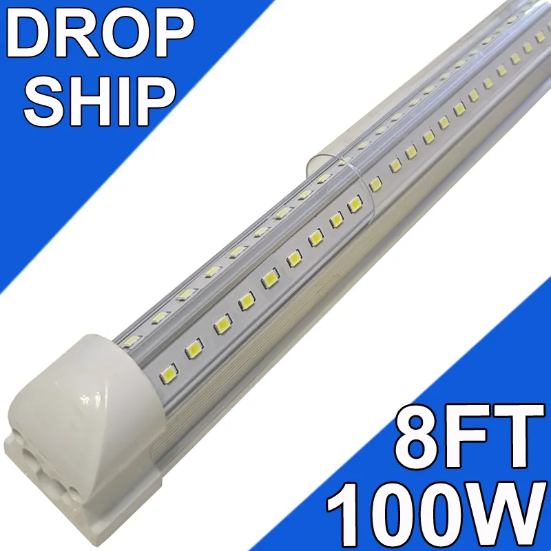 8ft LED -butik Ljus fixtur - 100W T8 Integrerade LED -rörlampor - 6500K 10000LM V -form Länkbar - Hög utgång - Clear Cover - Plug and Play - 270 graders belysningsbutiker Usastock