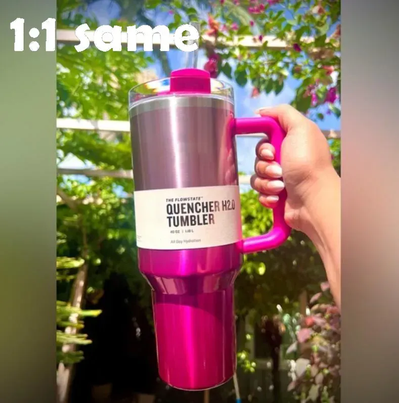 Estoque dos EUA 1: 1 Mesmo gradiente rosa Camelia H2.0 40oz de copos de copos de aço inoxidável com alça de silicone e canecas de carro de viagem continuam bebendo garrafas de água fria