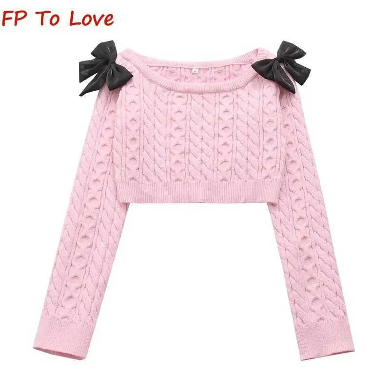 Chemisiers pour femmes chemises pull en tricot torsadé doux rose à manches longues conçu en satin noeud noeud pull court tenue à épaules dénudées YQ240120