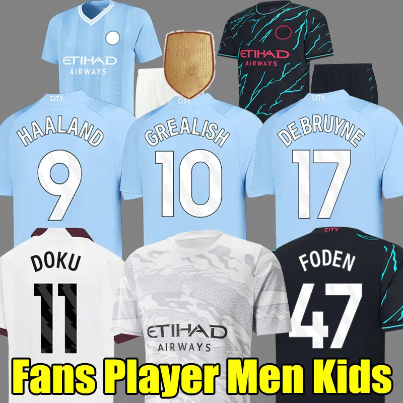 23 24 Haaland Soccer Jerseys Grealish Manchesters de Bruyne Mans Doku City Fans PlayerバージョンFoden 3rd 2023 2024新年のドラゴンメンキッズキットフットボールシャツ