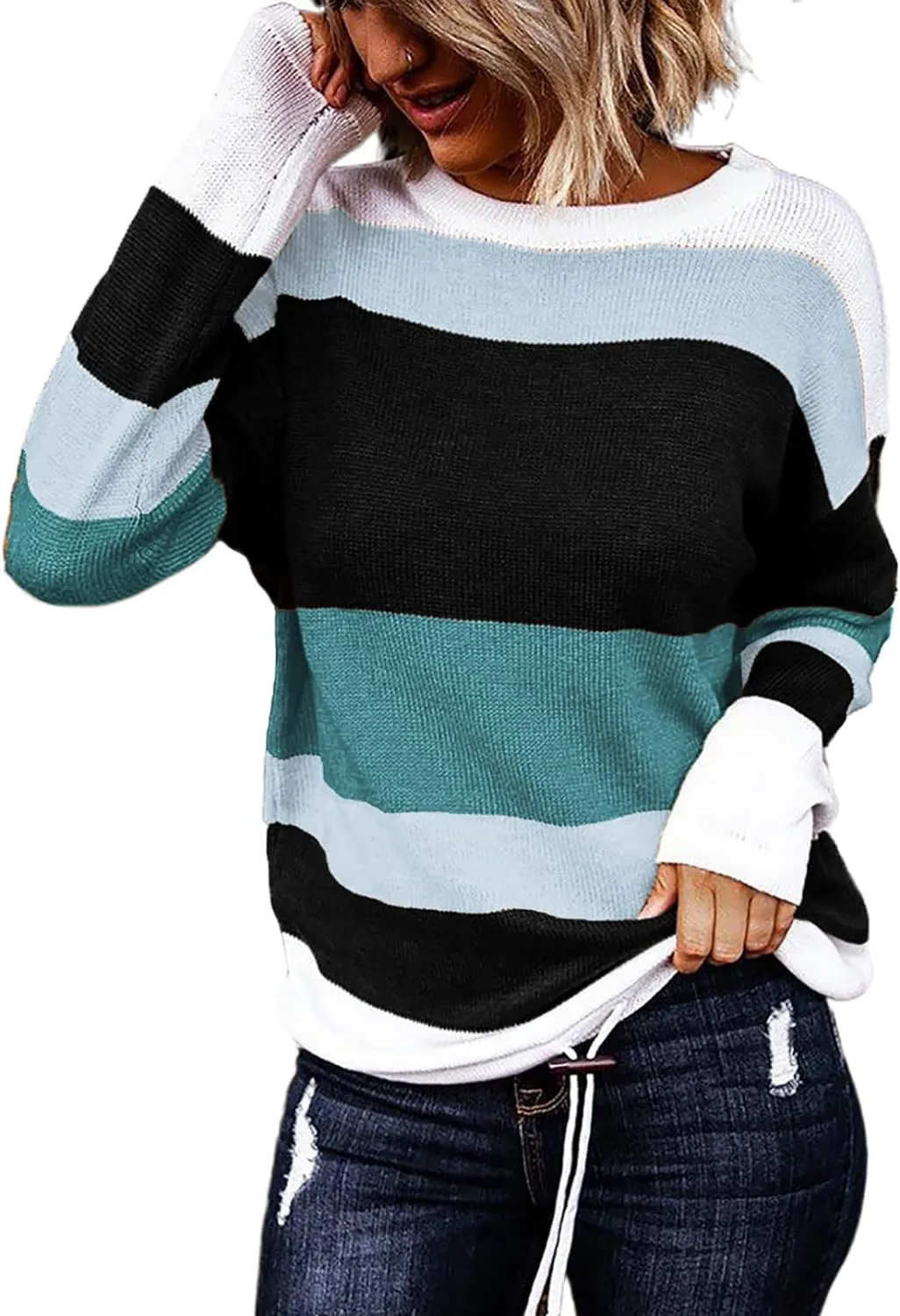 Women`s Sweaters Fall Sweaters Round Neck Striped Cute Winter Pullover Sweaters for Women Trendy 2023 Drawstring 