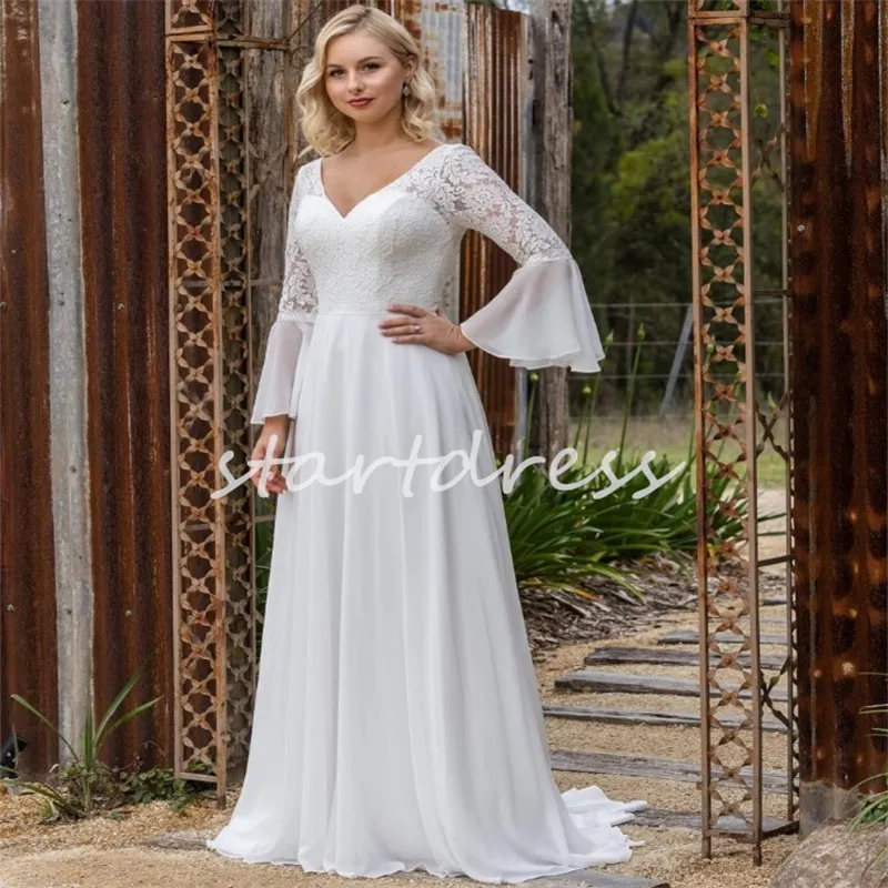 Simple Civil Wedding Gown Bohemian Beach Wedding Dress Sexy V-Neck