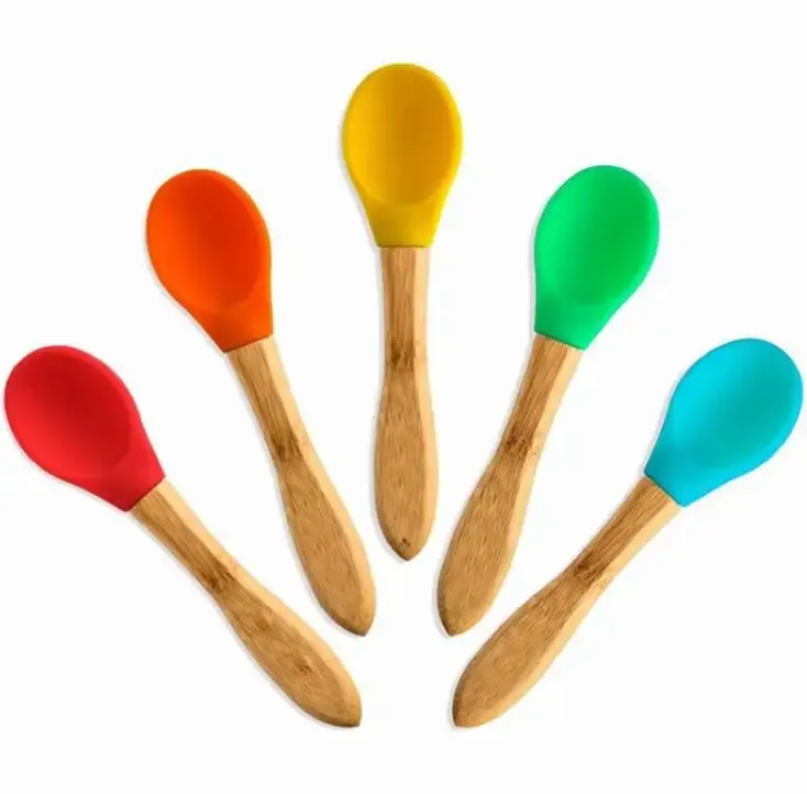 Baby Spoon Silicone Cutlery Infant Auxiliary Cutlery Wooden Handle Kids Training Spoons Home Dinnerware Kitchen Accessories SN