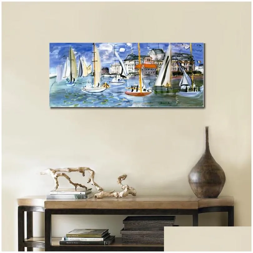 Peintures Peintures de bateaux Rao Dufy Regates Dans Le Port de Trouville Grands paysages marins Art moderne sur toile de haute qualité peint à la main Gif Dhkjo