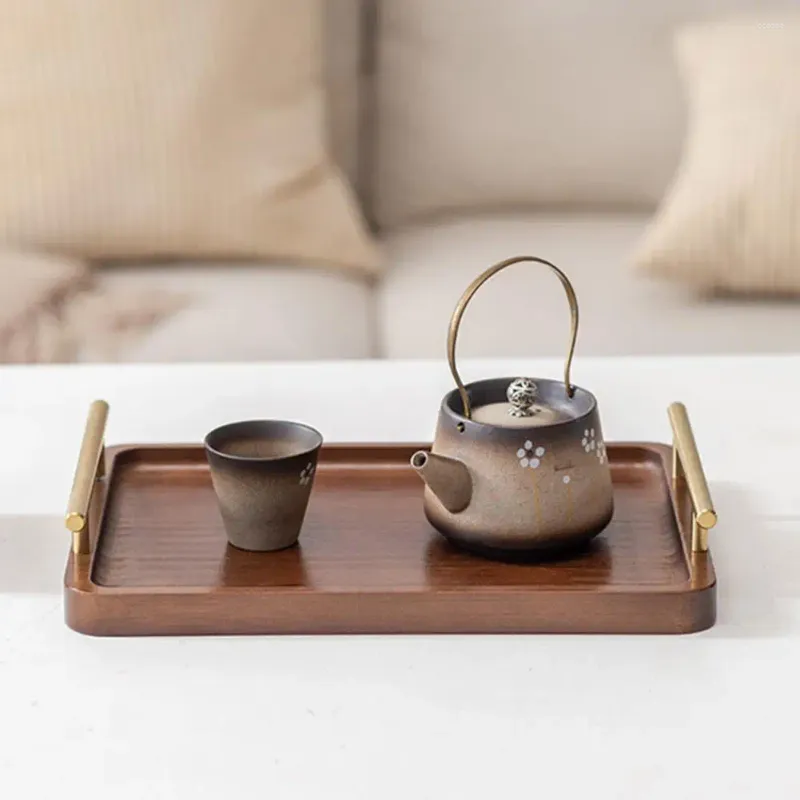 TEA TRAYS Kinesisk stil Tray Remote Control Holder Rustic Bamboo med metallhandtag för kapacitetsfrukt servering