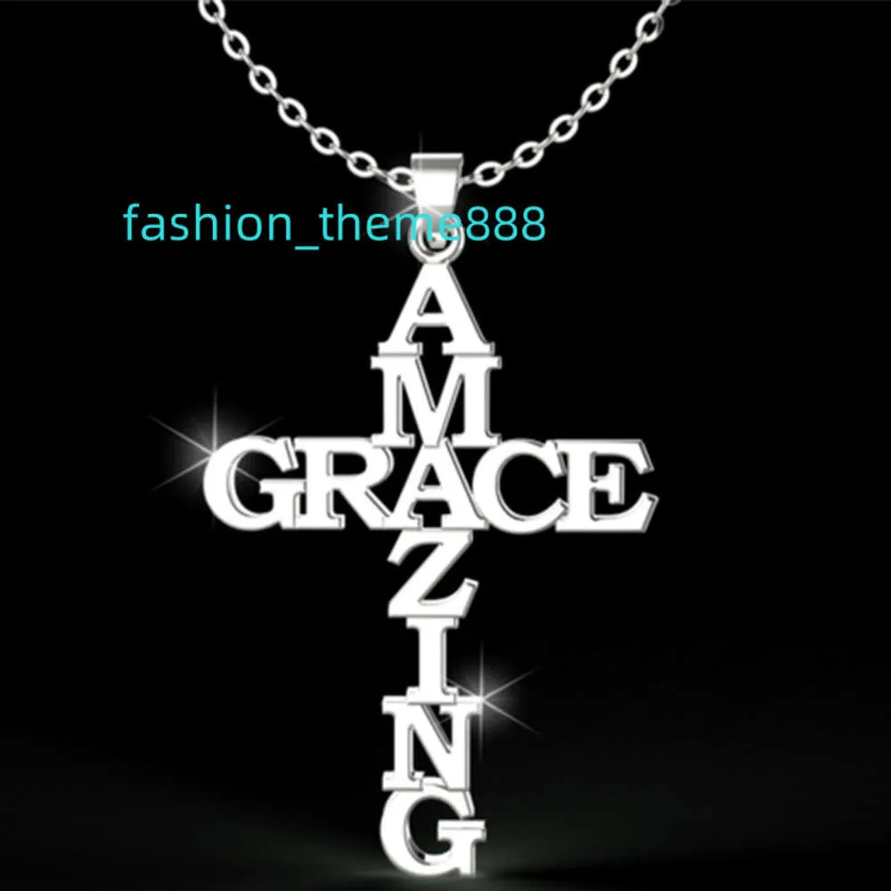 AMAZING GRACE Cross Pendant Necklace Stainless Steel Letter Necklace For Women Men Christian Jewelry