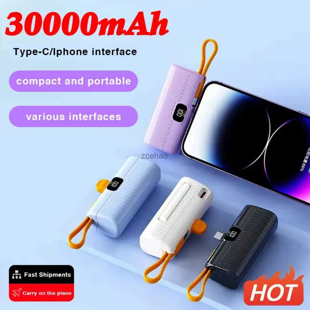 Cell Phone Power Banks 30000mAh Power Bank Fast Charging Emergency External Battery Digital Display Built-in Data Cable Plug And Play For iPhone Type-c