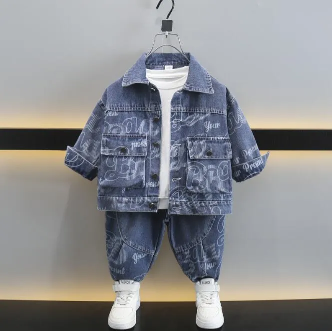 Crianças roupas de grife menino conjuntos de roupas denim cardigan jeans jaqueta calça crianças casaco