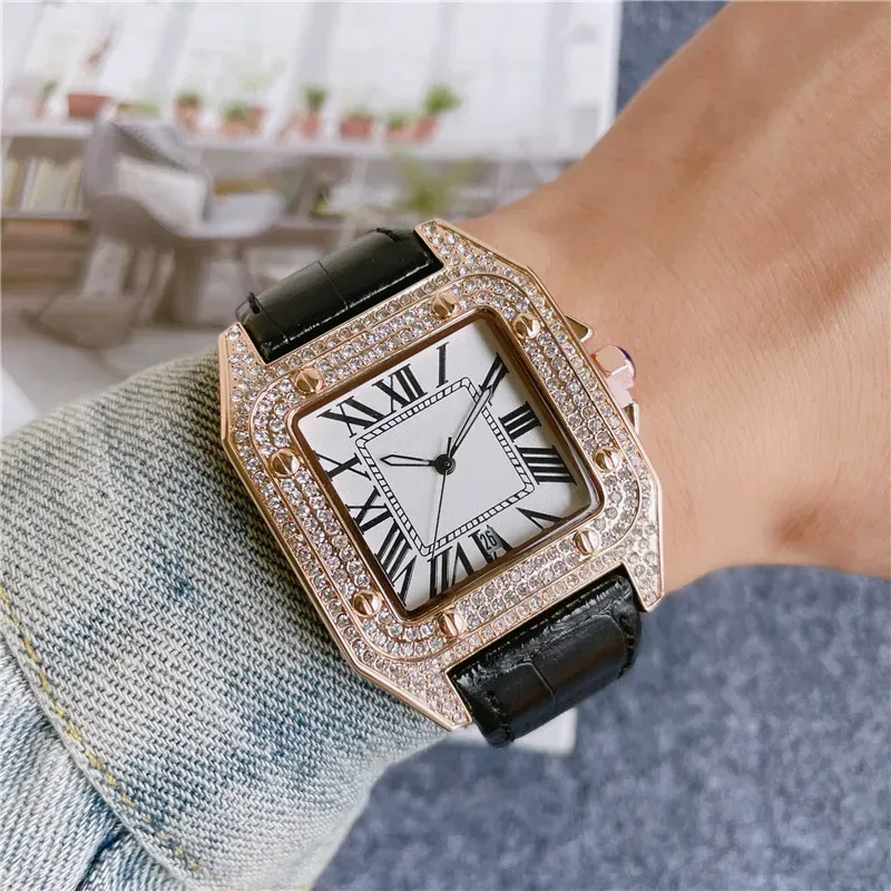 Fashion Brand Watches Men Square Crystal Style High Quality Leather Strap Wrist Watch CA56