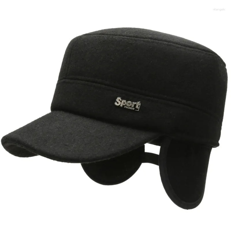 Cappellini da baseball HT3815 Berretto invernale da uomo Cappello da baseball in lana con sommità piatta Maschio Solido Nero Grigio Uomo anziano Paraorecchie regolabile per papà