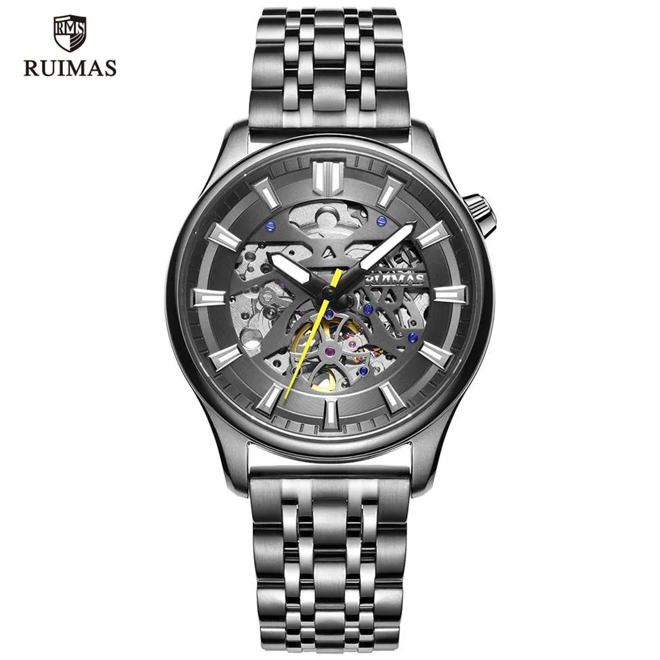 Ruimas Men Black Automatic Watches Luxury Business Stainless Steel Watch Man Top Brand Skeleton Mechanical Wristwatch 6770157D