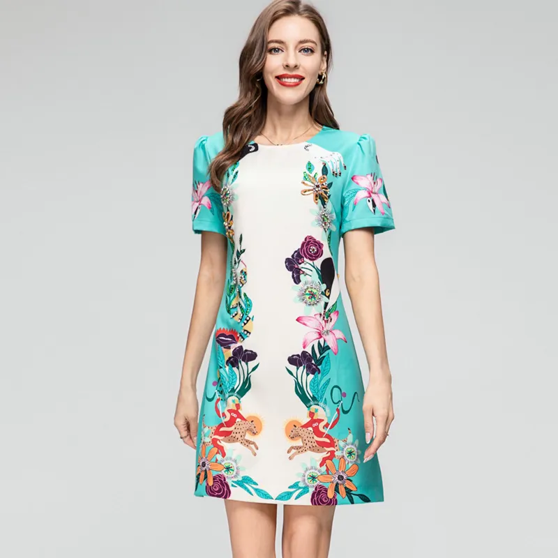 Women's Runway Dresses O Neck Short Sleeves Beaded Printed Floral High Street Fashion A Line Mini Vestidos