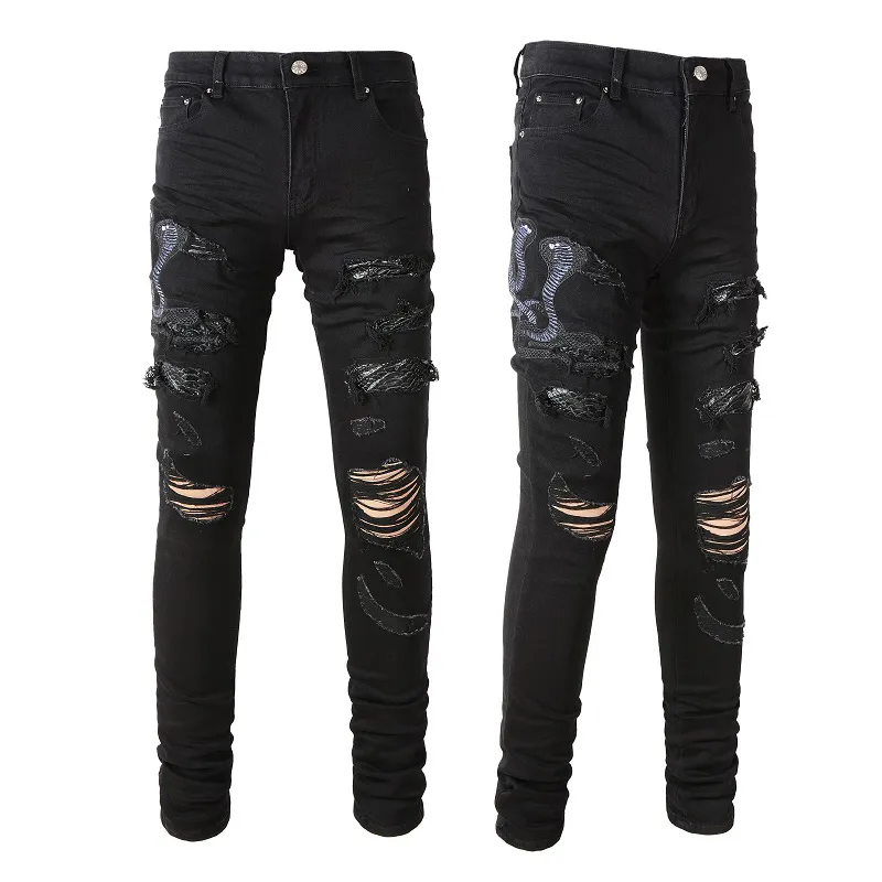 Man Black Skinny Jeans With Snake Embroidery Patches Leather Knee