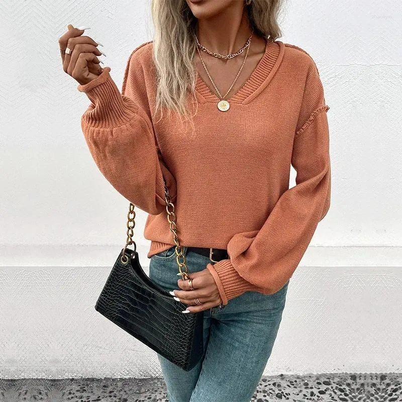 Women's Sweaters Casual 2024 Spring Long Sleeved Knitwear Sweater V-neck Orange Daily Versatile Regular Style Tops Basic Solid Autumn