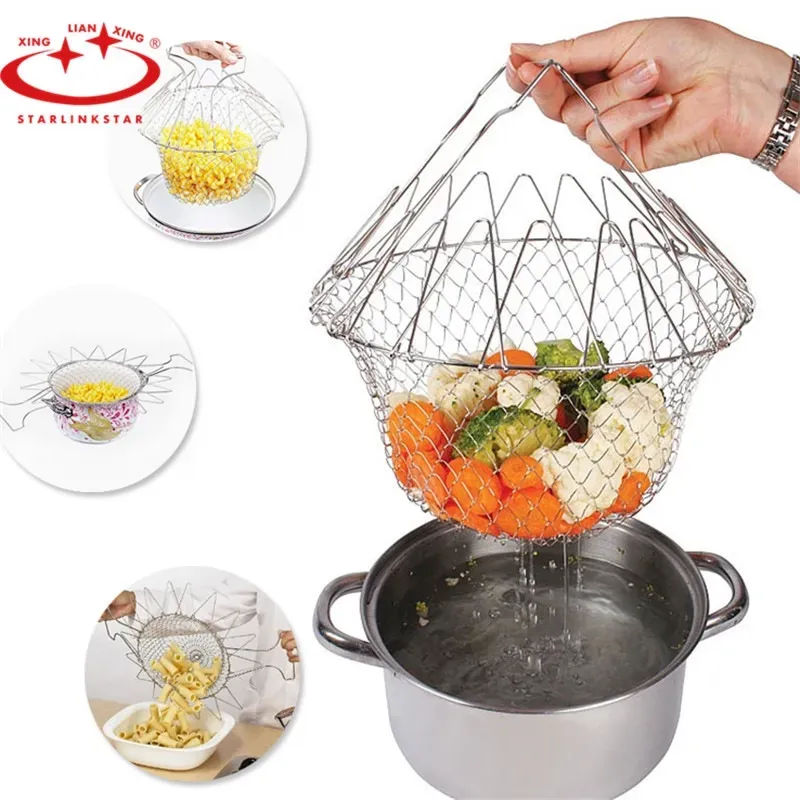 Multifunction 201 Foldable Steam Rinse Strain Fried Basket Strainer Net Kitchen Tools Cooking Dry Fruit Basket
