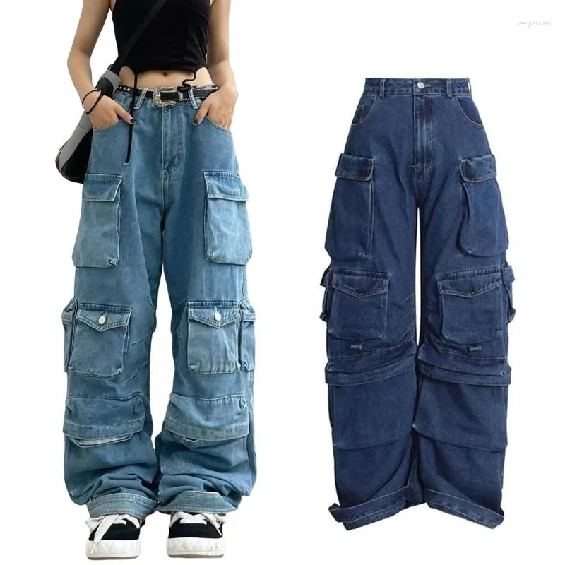 Pantalones para mujer Y2K Harajuku Baggy Cargo Multi-Bolsillo Ajuste relajado Pierna ancha Cremallera Jeans lavados Pantalones Grunge Streetwear