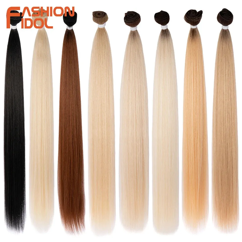 Bot steil haar Ombre blond haarbundels Superlang haar Synthetisch 24 inch steil haar Volledig tot einde FASHION IDOL 240118